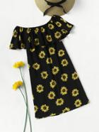 Romwe Flounce Layered Neckline Sunflower Print Dress