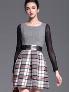 Romwe Grey Round Neck Long Sleeve Contrast Gauze Drawstring Dress