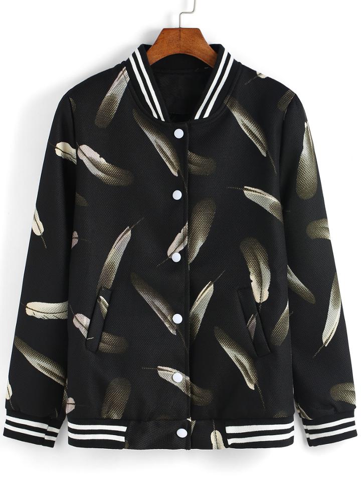 Romwe Feather Print Striped Trim Coat