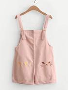 Romwe Cat Embroidered Cuffed Overalls