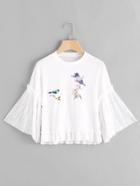 Romwe Graphic Print Lace Fluted Sleeve Frill Hem Blouse