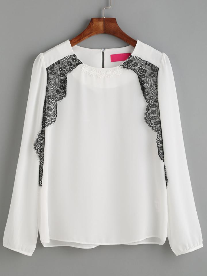 Romwe White Contrast Lace Trim Blouse