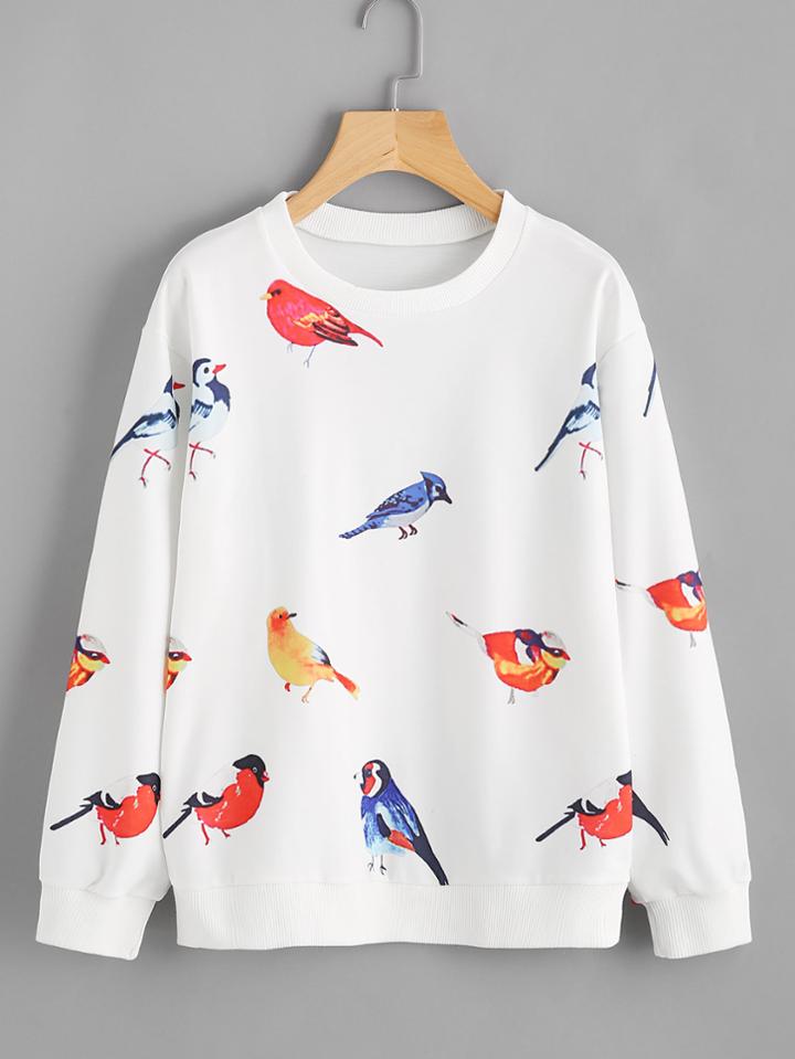Romwe Random Birds Print Ribbed Trim Sweatshirt