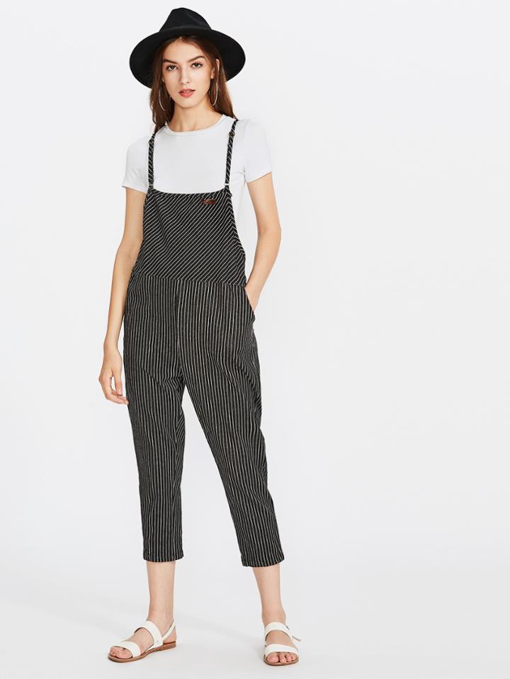 Romwe Striped Patch Detail Pinafore Jumpsuit
