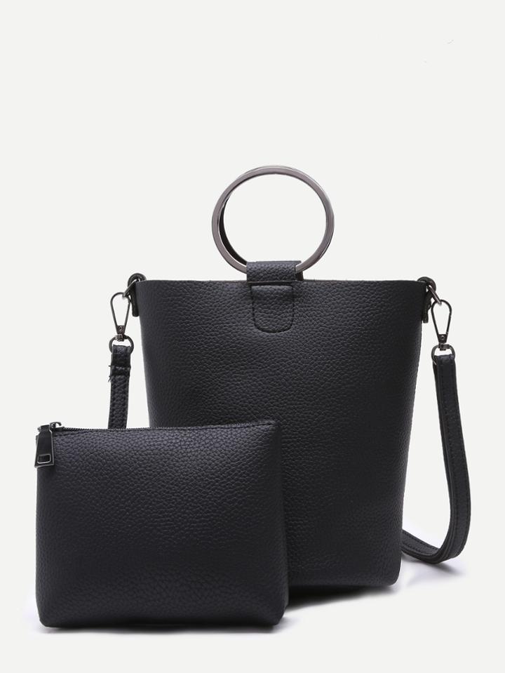 Romwe Black Pebbled Pu Metal Ring Shoulder Bag With Clutch