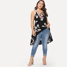 Romwe Plus Floral Print Criss Cross Front Dip Hem Top