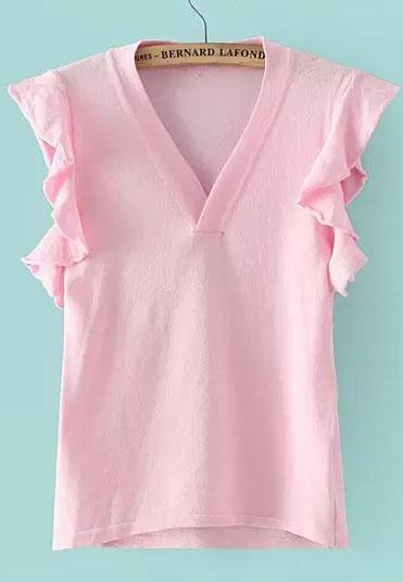 Romwe V Neck Ruffle Sleeve Pink Top