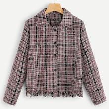 Romwe Frayed Trim Plaid Tweed Blazer