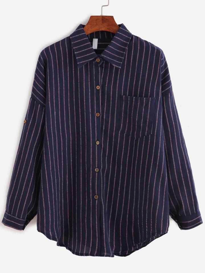 Romwe Navy Vertical Striped Roll Tab Sleeve Shirt