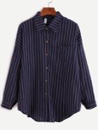 Romwe Navy Vertical Striped Roll Tab Sleeve Shirt