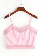 Romwe Pink Floral Lace Trim Crop Cami Top