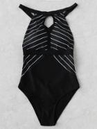 Romwe Black Striped Keyhole Detail One-piece Swimwear