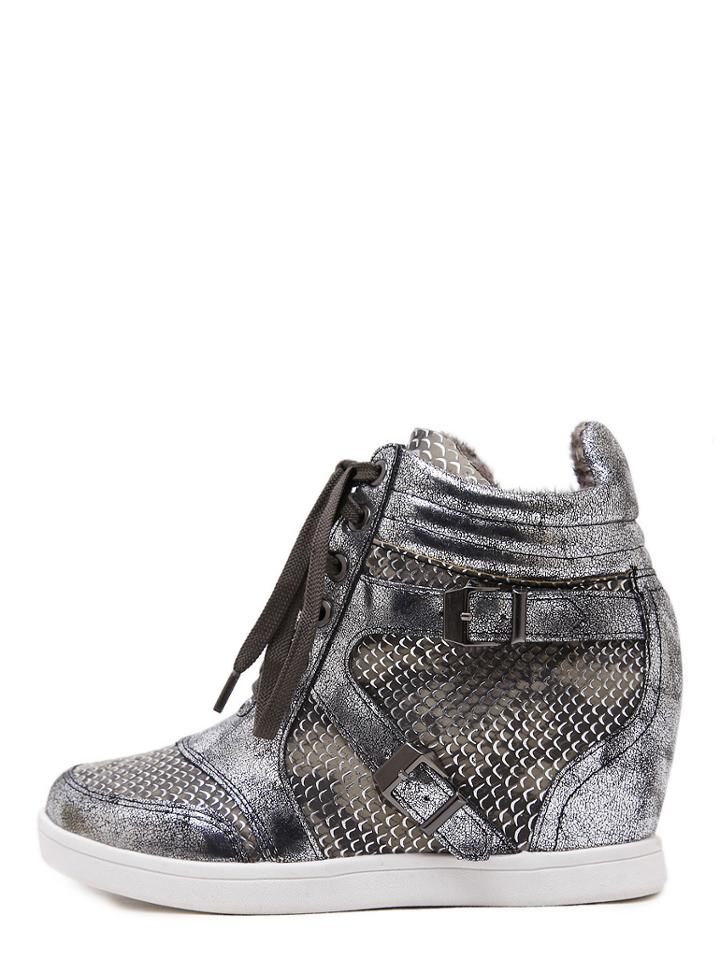 Romwe Silver Snakeskin Round Toe Lace-up High Top Wedges