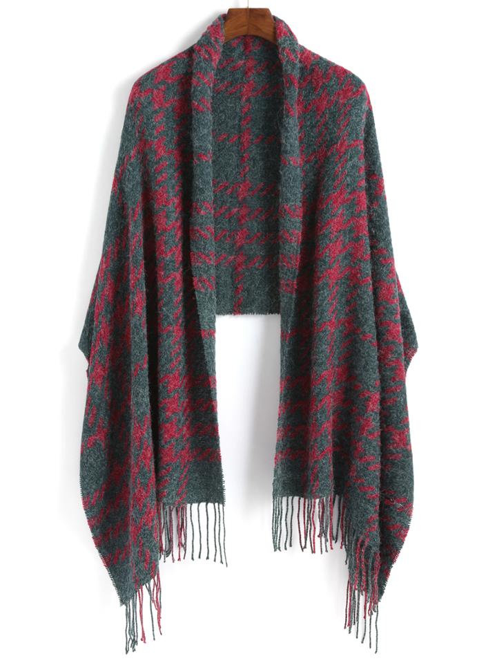 Romwe Houndstooth Tassel Color-block Scarf