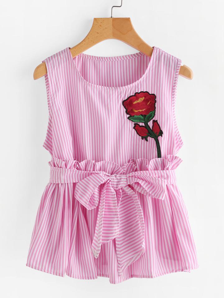 Romwe Vertical Striped Rose Embroidered Tank Top With Belt