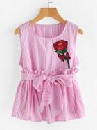 Romwe Vertical Striped Rose Embroidered Tank Top With Belt