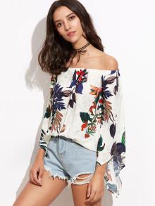 Romwe Tropical Print Bardot Trumpet Sleeve Top