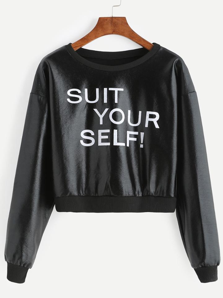 Romwe Black Slogan Print Dropped Shoulder Seam Crop Sweatshirt