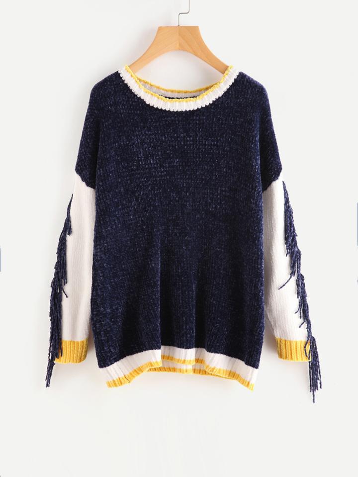 Romwe Fringe Trim Color Block Jumper