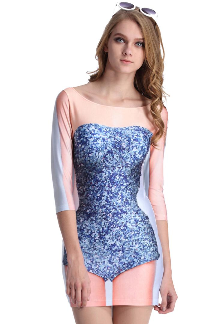Romwe Romwe Blue Classic Barbie Model Print Dress