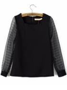 Romwe Square Neck Contrast Organza Long Sleeve Black Blouse