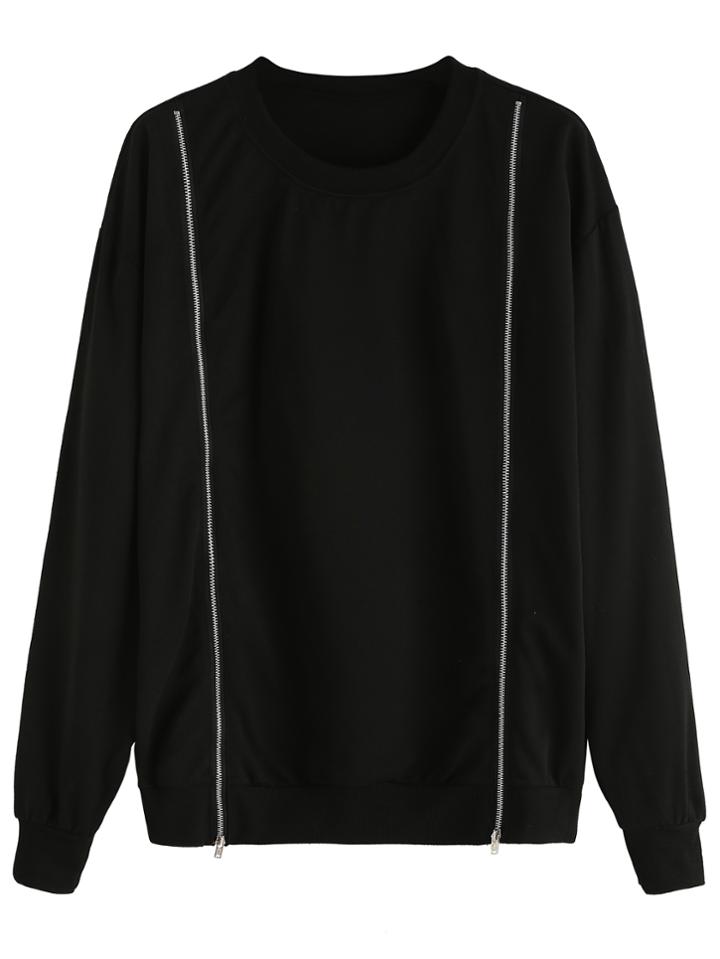 Romwe Black Dropped Shoulder Seam Zips Front Sweatshirt