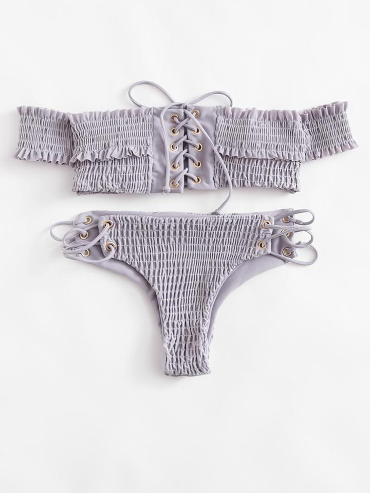 Romwe Lace Up Bardot Shirred Bikini Set