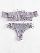 Romwe Lace Up Bardot Shirred Bikini Set