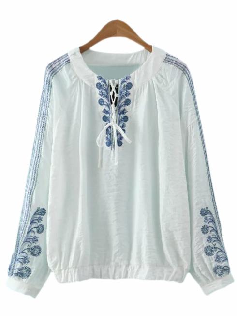 Romwe White Vintage Embroidery Lace Up Blouse