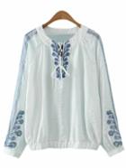 Romwe White Vintage Embroidery Lace Up Blouse
