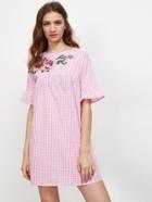 Romwe Embroidered Flower Applique Fluted Sleeve Gingham Smock Dress