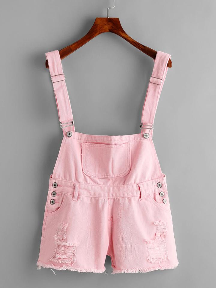 Romwe Distress Fray Hem Denim Dungaree Shorts