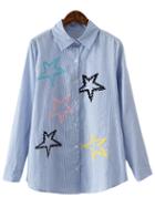 Romwe Blue Stripe Stars Embroidery Long Sleeve Blouse
