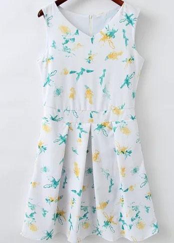 Romwe V Neck Sleeveless Vintage Print Pleated Dress