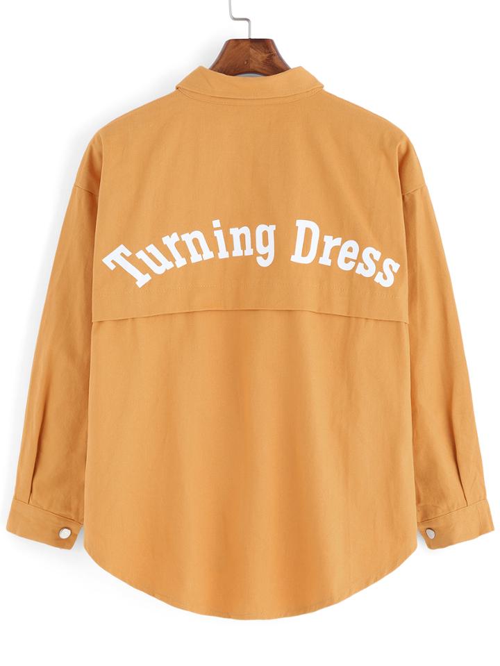 Romwe Lapel Letter Print Pockets Buttons Yellow Coat