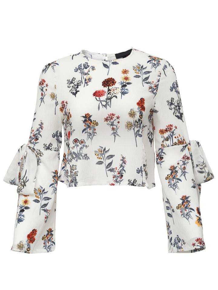 Romwe White Floral Bow Tie Key-hole Back Blouse