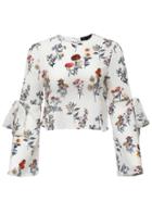 Romwe White Floral Bow Tie Key-hole Back Blouse