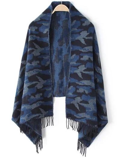Romwe Camo Fringe Blue Scarf