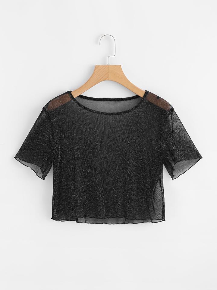 Romwe Sheer Mesh Crop Tee
