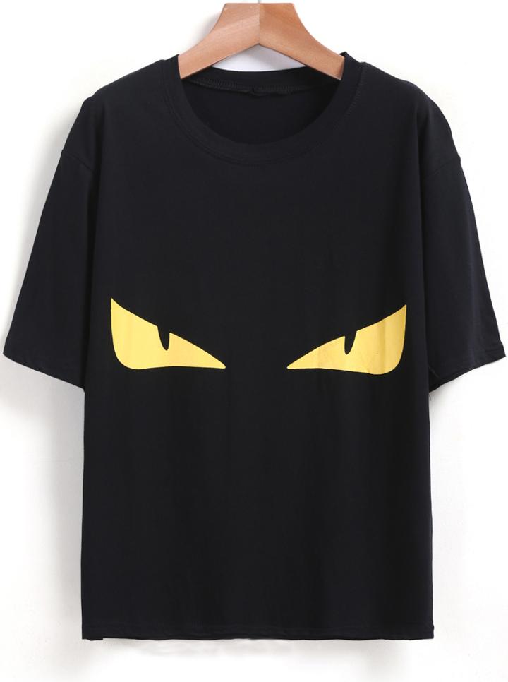Romwe Black Short Sleeve Eye Print Loose T-shirt