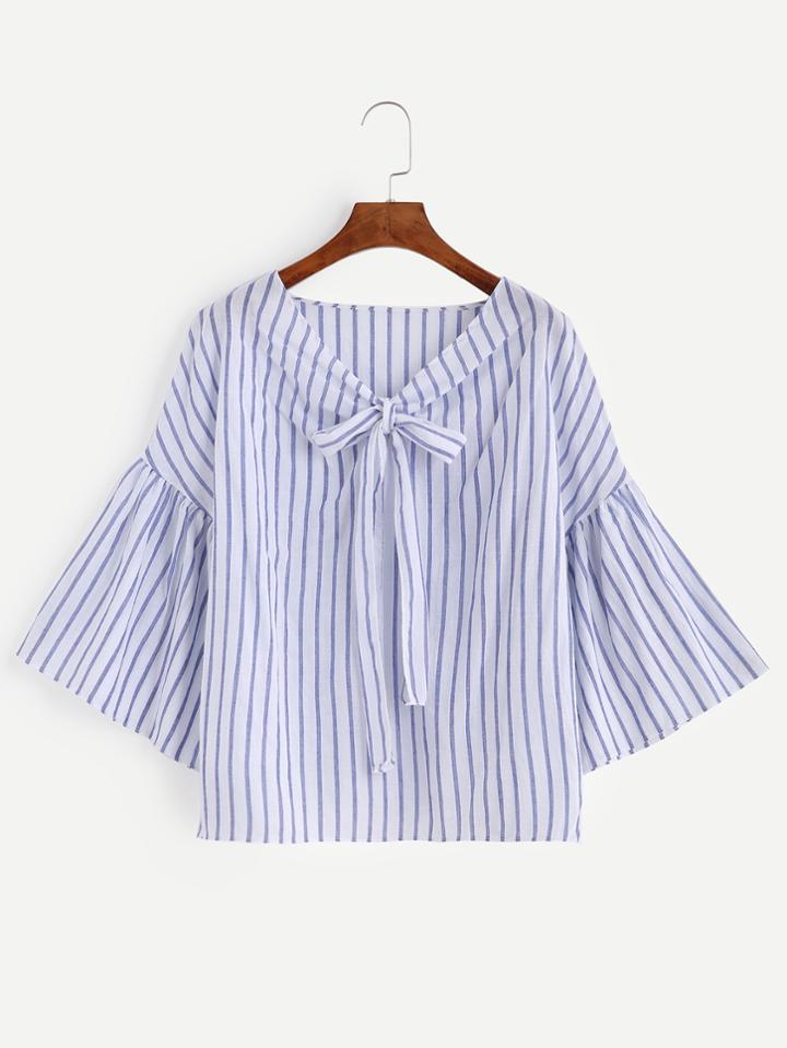 Romwe Blue Vertical Striped Drop Shoulder Bow Tie Blouse