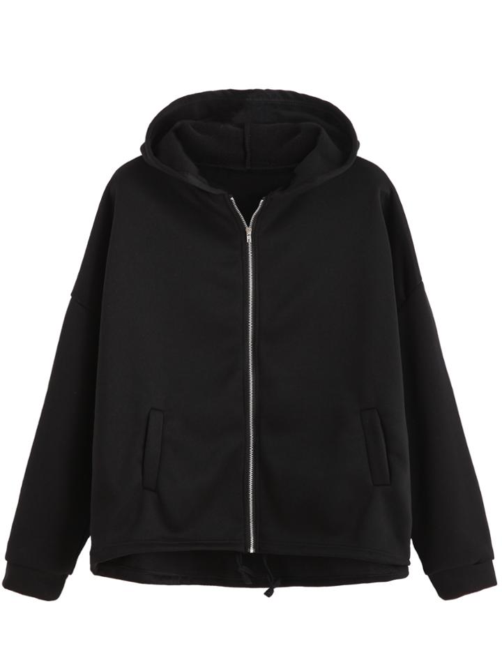 Romwe Print Back Drop Shoulder Dip Hem Zip Hooded Sweatshirt