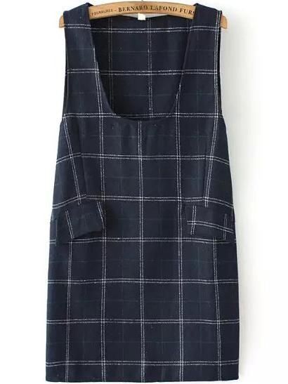 Romwe Scoop Neck Plaid Pockets Navy Dress