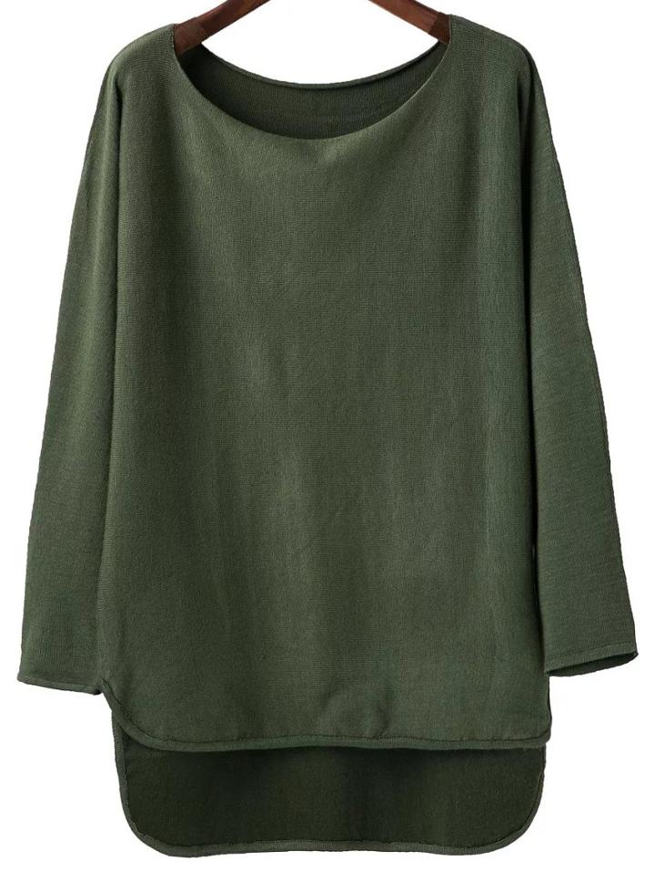 Romwe Army Green Scoop Neck Dip Hem Knitwear