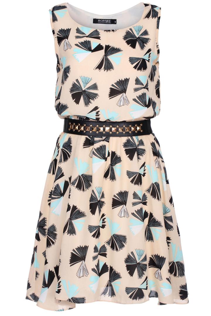 Romwe Romwe Colorful Floral Print Pleated Dress With Slim Belt
