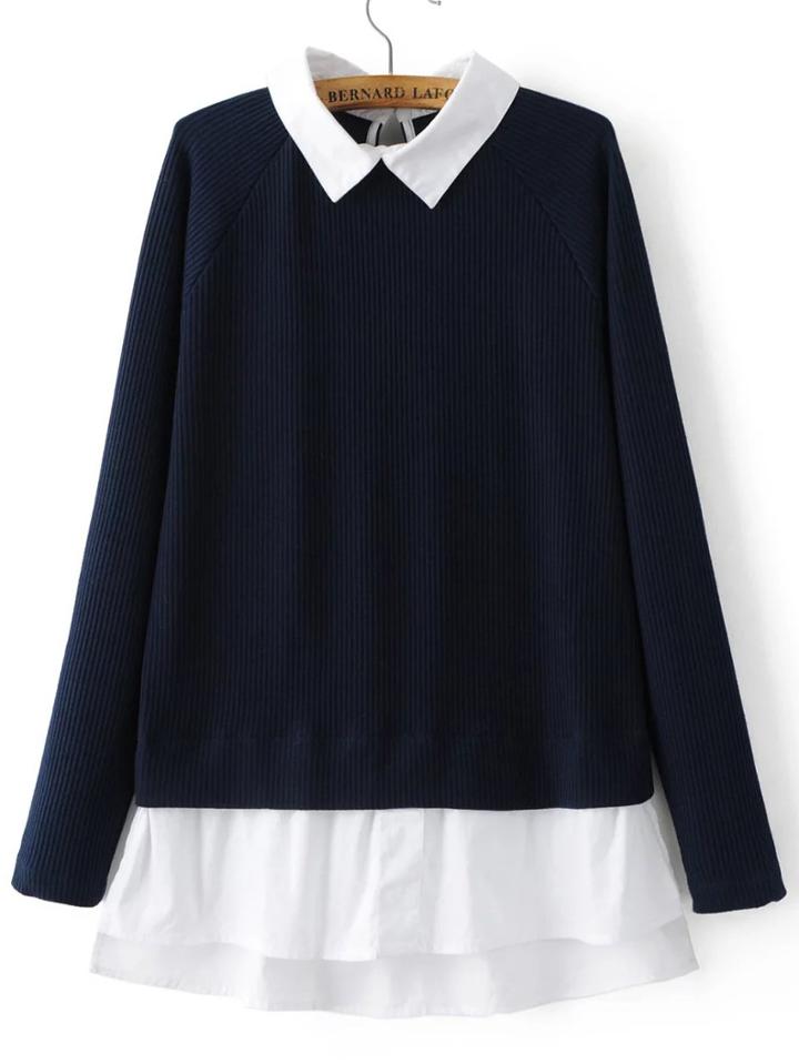 Romwe Navy Contrast Collar And Hem Raglan Sleeve Knitwear