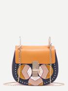 Romwe Color Block Geometric Patch Studded Saddle Chain Bag