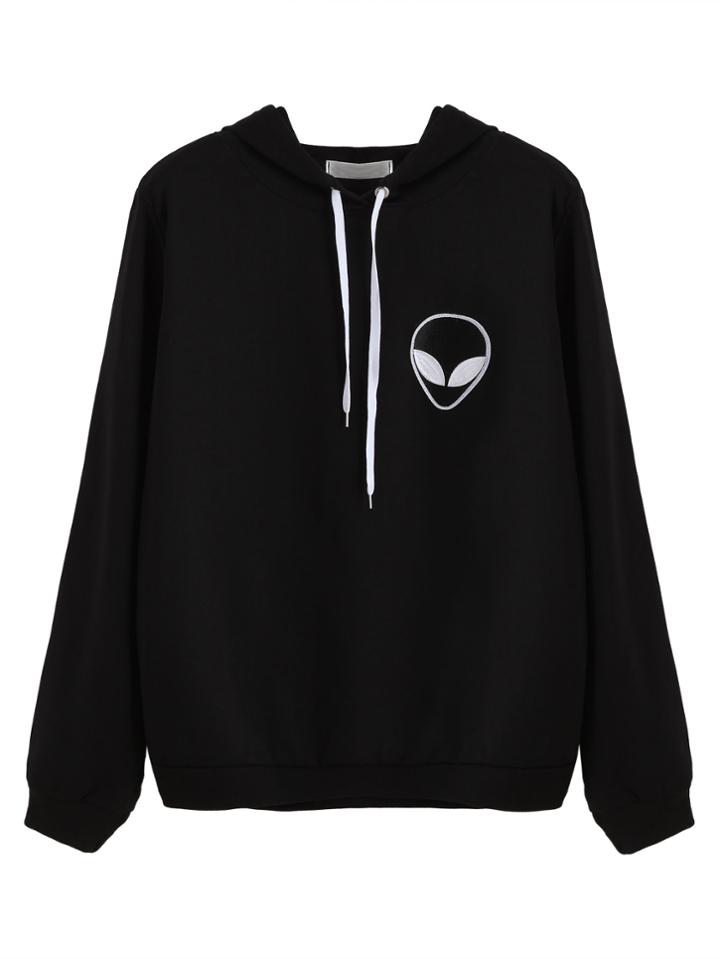 Romwe Black Alien Embroidered Drawstring Hooded Sweatshirt