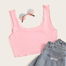 Romwe Solid Scoop Neck Crop Tank Top