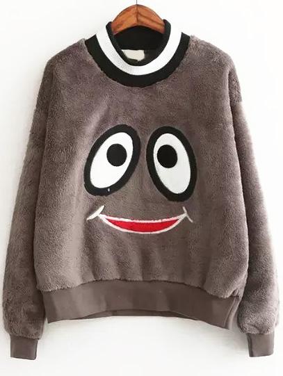 Romwe Mock Neck Cartoon Pattern Brown Sweatshirt
